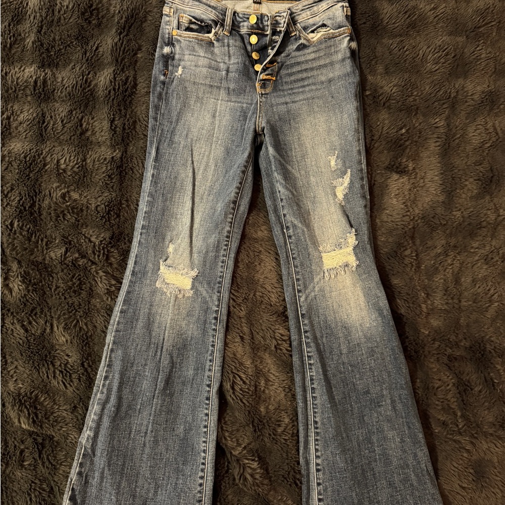 Judy Blue Distressed Flare Jeans in Classic Blue